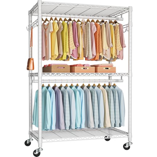P1 Plus Rolling Clothes Rack, 22mm Diameter Heavy Duty Garment Rack | Freestanding Clothing Rack with Wheels and Double Rods, Portable Closet Wardrobe System Max Load 524lbs, White - color: White, size: P1 Plus