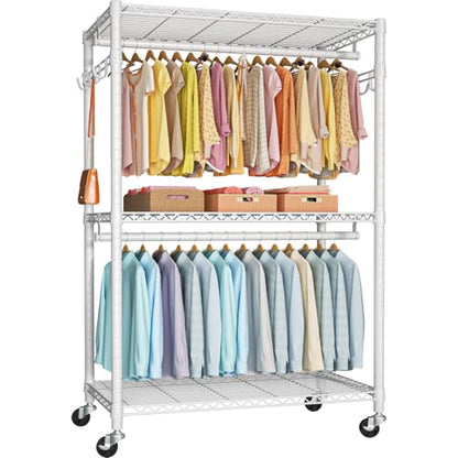 P1 Plus Rolling Clothes Rack, 22mm Diameter Heavy Duty Garment Rack | Freestanding Clothing Rack with Wheels and Double Rods, Portable Closet Wardrobe System Max Load 524lbs, White - color: White, size: P1 Plus
