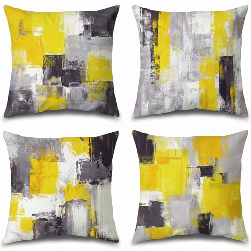 Yellow Grey Abstract Throw Pillow Covers 18x18 Set of 4 | Mustard Yellow & Grey Modern‑Art Cushion Cases, neutral aesthetic pillowcases for sofa, bedroom & chair. - color: Yellow and Grey, size: 18" x 18" (Pack of 4)