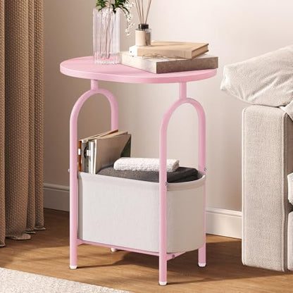 Small Round Side Table with Fabric Basket Storage, Oval End Table for Small Spaces, Modern Coffee Bedside Table, Couch Side Table for Living Room, 15.7" X 11.8" X 24", Pink and White 8601BZPK - color: Pink