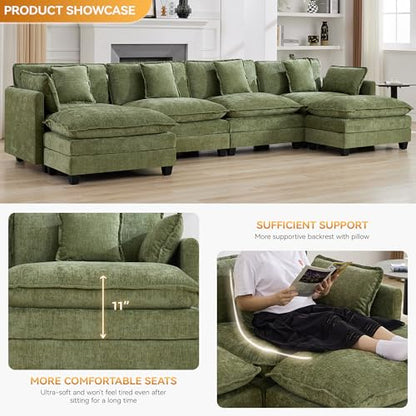 147'' Sectional Cloud Deep Seat Couch, Oversized Chenille U Shaped Sectional Sofa for Living Room Set, Comfy Upholstered Modular Sectional Sofa Couch with Movable Ottoman, Green - color: Green, size: 147'' U Shape