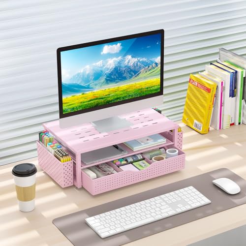 gianotter Desk Organizers and Accessories, Monitor Stand with Drawer and 2 Pen Holder, Desktop Organizer Suitable for Offices and Dormitories (Pink) - color: Pink-Ventilated