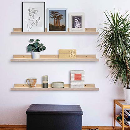 AZSKY 36 Inch Picture Ledge Shelf Solid Wood Large Floating Shelves Wall Mounted Rustic Natural Shelves for Home, Living Room, Bedroom, Bathroom, Office 3 Same Sizes - color: Natural, size: 36in set 3