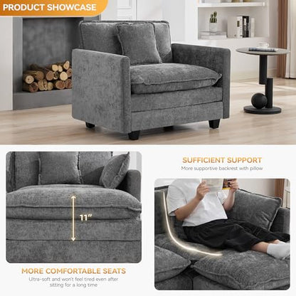 WUTUTUEE 41'' Modern Chenille Oversized Chair, Upholstered Accent Living Room Chair with Extra Thicked Deep Seat, Single Lounge Chair for Bedroom, Small Apartment, Grey - color: Grey, size: 41'' Single Seat