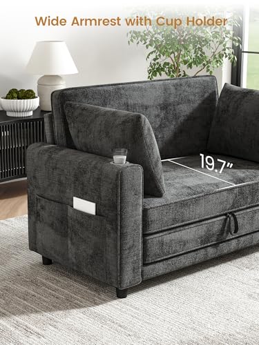 51" Loveseat Convertible Sofa Bed with Cup Holder, Small Couch 2 in 1 Pull Out Sleeper Couch, Floor Folding Couch Sofa with Two Pillows for Apartment, Living Room, Dorm (Grey) - color: Grey