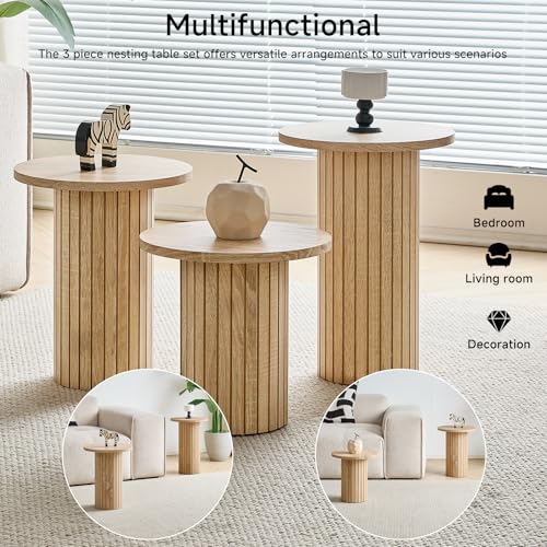 Round Nesting Coffee Table Set of 3 Mid Century Modern Wood Round Coffee Tables with Flexible Small Boho Circle End Table for Space Saving Living Room Comedor Home Office Bedroom(Natural) - color: 3pcs Natural