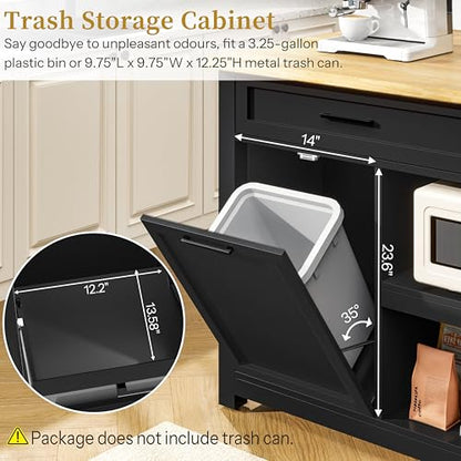 Kitchen Island with Storage and Seating Include 2 Bar Stools, Drawers,Black | 47" Solid Rubberwood Top Kitchen Island with Trash Can Storage, Power Outlet, 6 Hooks, Coffee Bar Cabinet, Dining Table for 2 - color: Black