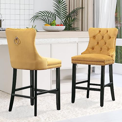 Modern Velvet Upholstered Bar Stools Set of 2 with Wood Legs, Button Tufted,Chrome Nailhead, Counterstool Seat, Armless Bar Chairs (Gold) - color: Gold, size: Set of 2