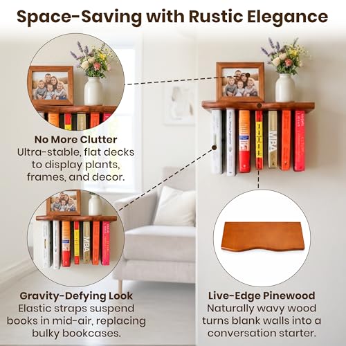 Pine Wood Floating Shelves for Wall, 2 Pack, 15.7 Inch, Dark Brown | Two live edge pine shelves with hidden brackets; each 15.7 inches long and supports books, photos or plants up to 66 lb. - color: Dark Brown