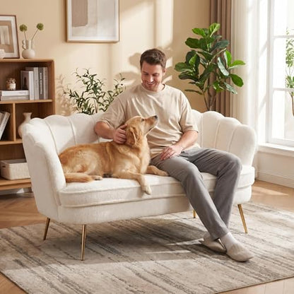 Modern Boucle Loveseat Couch, Futon Small Sofa with Gold Metal Legs | 2-Seater Upholstered Mini Sofa Couches for Small Space,Living Room Bedroom Office Dorm Studio Apartment Love Seat Couche - color: White