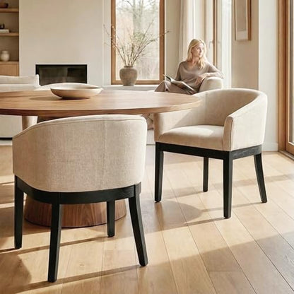 HNY Barrel Dining Chairs Set of 2, Mid Century Modern Upholstered Dining Chairs with Arms, Linen Kitchen & Dining Room Chairs, Solid Wood Frame Accent Chairs for Kitchen, Apartment, Cream - color: Cream,black Lges, size: 2 Chairs