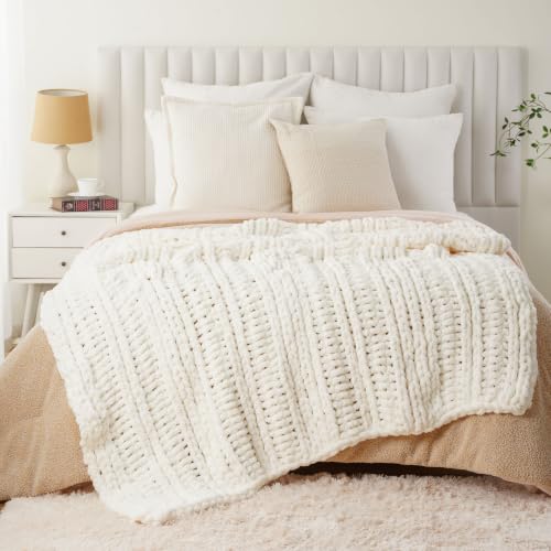 Battilo Chunky Knit Throw Blanket for Couch, 50"x60", White Cream | Hand Knit with Chunky Yarn, Super Soft Chenille Throw Blanket, Cozy Blanket, Farmhouse Throw Blanket for Living Room - color: Cream White