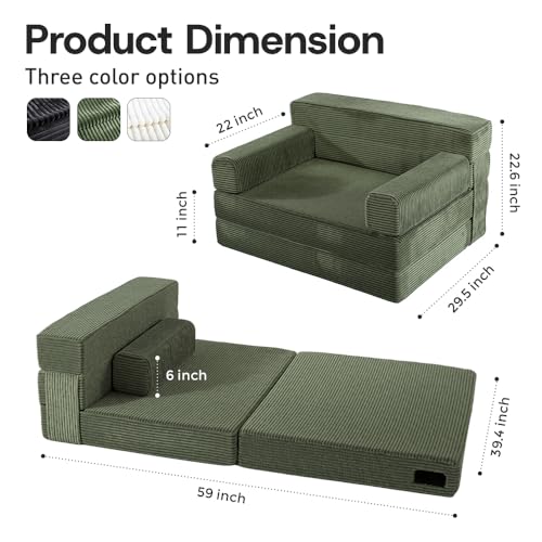 YEPDIN Folding Sofa Bed,Convertible Sofa Bed with Armrest Foldable Sleeper Chair, Portable Folding 4-in-1 Floor Sofa with Convertible Lounge Chair for Living Room,Bedroom,Washable Cover,Green Single - color: Green