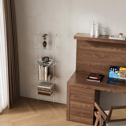 Small Acrylic Ladder Bookshelf, 9.5" D x 15.6" W, 4-Tier Clear Wall Mounted Book Shelf for Small Spaces, Multipurpose Bookcase for Living Room, Bathroom, Office, Modern, 59" H - size: 4-Tier