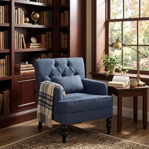 HUIMO Accent Chair, Tufted Upholstered Club Chair, Indigo Blue | Tufted upholstered club chair with lumbar pillow and solid wood legs. Suitable for living rooms, bedrooms, and reading nooks. - color: Blue