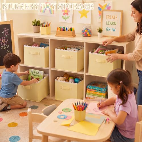 Yalikop 6 Pcs Light Yellow Scalloped Cube Storage Bins 11 Inch Fabric Storage Basket with Handle Collapsible Clothes Closet Organizer Bin for Classroom Books Toy Box Nursery School Organizing - color: Light Yellow