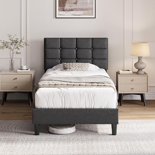Yaheetech Twin Size Upholstered Tufted Bed Frame with Headboard, Dark Gray | Sturdy engineered wood frame with linen fabric upholstery features a soft tufted headboard for easy assembly and support - color: Dark Gray, size: Twin