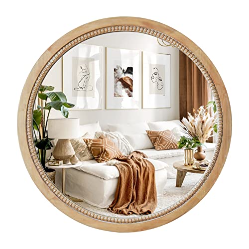 sawsile Round Wood Mirror,36 inch Circle Rustic Farmhouse Natural Wooden Frame Boho Beads Wall Mirror for Bathroom,Living Room,Bedroom or Entryway - color: Nature, size: 36"L x 36"W