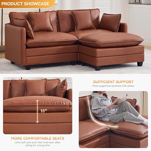 76'' Cloud Deep Seat Loveseat Sofa, Upholstered Leather Modular 2-Seats Sectional Sofa Couch with Movable Ottoman, Modern Comfy Settee Loveseat for Living Room Set, Small Apartment,Leather Brown - color: Pu-dark Brown, size: 76'' L Shape