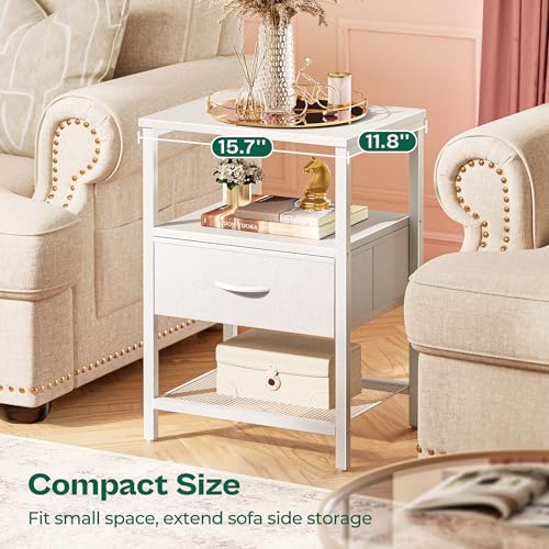 Huuger Night Stand with Fabric Drawer, Side Table with Mesh Shelf, Bedroom Nightstand, Fabric Drawer Dresser, Open Shelf, Metal Frame, Couch Side, White | Bedroom Nightstand, Fabric Drawer Dresser, Open Shelf, Metal Frame, Couch Side, White - color: White