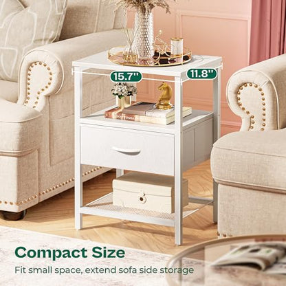 Huuger Night Stand with Fabric Drawer, Side Table with Mesh Shelf, Bedroom Nightstand, Fabric Drawer Dresser, Open Shelf, Metal Frame, Couch Side, White | Bedroom Nightstand, Fabric Drawer Dresser, Open Shelf, Metal Frame, Couch Side, White - color: White