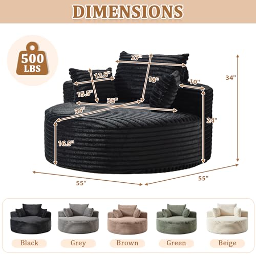 55" Oversized Round Chaise Longue Chair Indoor, Upholstered Corduroy Circle Single Cloud Reading Sofa Chair Deep Seat Modern Boneless Sleeper Couch No Assembly Required, Black - color: Black, style: 55"Corduroy