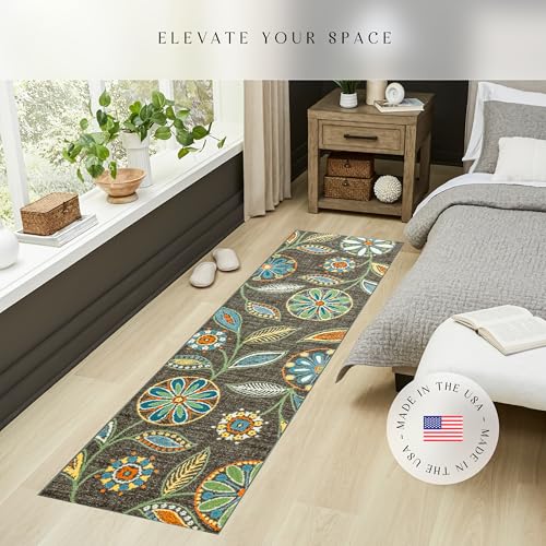 Maples Rugs Reggie Floral Runner Rug - Made in USA - Washable, Non Slip Indoor Carpet for Kitchen, Hallway, and Laundry Room, 2' x 9', Dark Grey - color: Dark Grey, size: 2' x 9' (Rectangular)