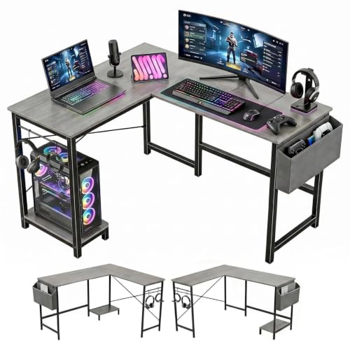 L Shaped Desk, 50 Inch Reversible Computer Desk Corner Gaming Table with CPU Stand & Storage Bag, Sturdy Metal Frame PC Workstation for Home Office, Light Gray Wood - color: Light Gray Wood