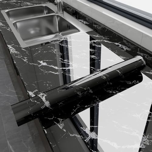 Glossy Marble Contact Paper Peel and Stick Wallpaper 17.7"x394" Black | Removable Waterproof Vinyl Wall Paper for Countertops Kitchen Cabinets Backsplash Furniture - color: Black, size: 17.7"W x 394"L