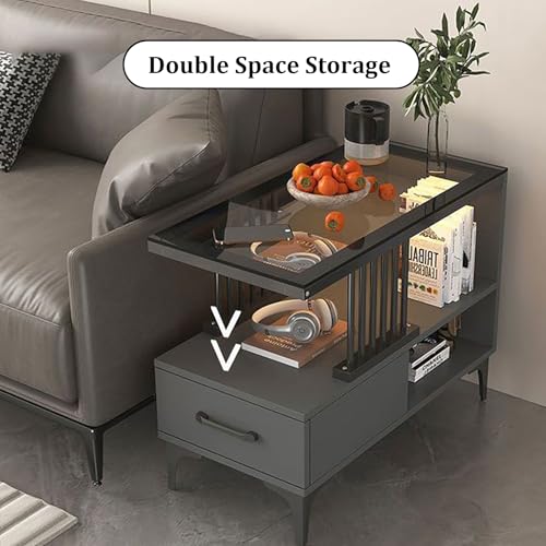 Coffee Table with Glass Tabletop,3-Tier Narrow End Tables,Nightstand Bedside Table Open Storage for Small Spaces,Living Room,Bedroom(90 * 30 cm/35.4 * 11.8 in, Teal)