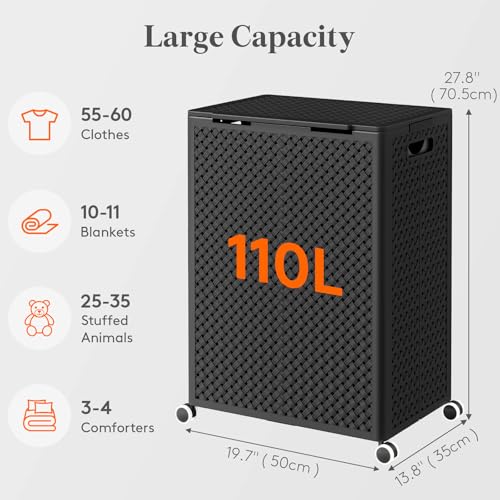 Lifewit 110L Plastic Double Laundry Basket with Lid, Collapsible 2 Section Clothes Hamper with Wheels and Removable Bags, Large Rolling 2 Compartment Bin for Laundry Room Bedroom Bathroom, Black