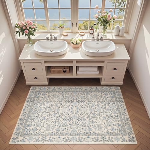 jinchan 3x5 Washable Living Room Area Rug, Vintage Floral, Blue/Cream | Soft Non-Slip Low-Pile, Botanical Aesthetic Throw Carpet for Entryway Bedroom Kitchen Nursery - color: Blue/Cream, size: 3' x 5' (Rectangular)