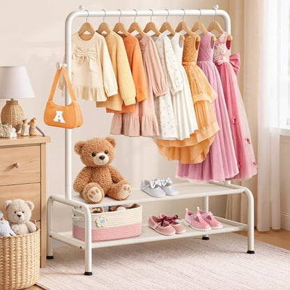 Kids Clothing Rack - Dress Up Clothes Rack - Baby Toddler Closet - Mini Freestanding Coat Racks with 2 Fabric Shelves - Small Kids Costume Wardrobe - Garment Rack for Hanging Clothes Organizer - color: White