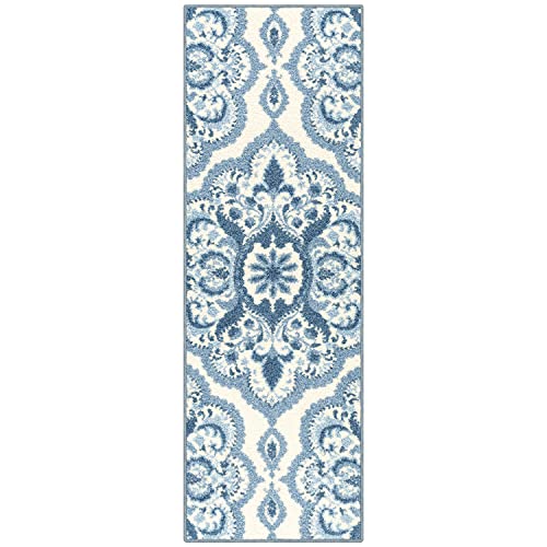 Maples Rugs Vivian Medallion Runner Rug - Made in USA - Washable, Non Slip, Indoor Carpet for Hallway, Kitchen, and Laundry Room, 1'8 x 5', Blue/White - color: Blue/White, size: 1'8" x 5' (Runner)