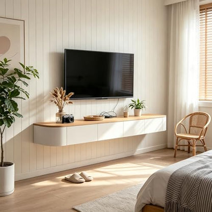 Floating TV Stand Wall Mounted Floating Entertainment Center 47-118 in with LED and Drawers & Cable Management, Modern Wood Media Console Under TV for Living Room Bedroom and Home(Wood White,63IN) - color: Wood White, size: 63IN