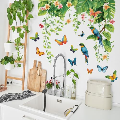 Tropical Green Plants Leaves Wall Decals Removable Hanging Vines Wall Stickers Peel and Stick Birds Butterfly Wall Decor for Bedroom Living Room Bathroom Classroom Decorations - style: Tropical Green Plants