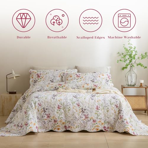 Oversized Queen Quilt Set(102"x118"),Floral King Quilt Set, Extra Large Yellow Wild Flower Botanical Printed Bedspread 3 PCS Breathable Bedding Coverlet All Season - color: Floral B, size: Oversized Queen（102"x118"）