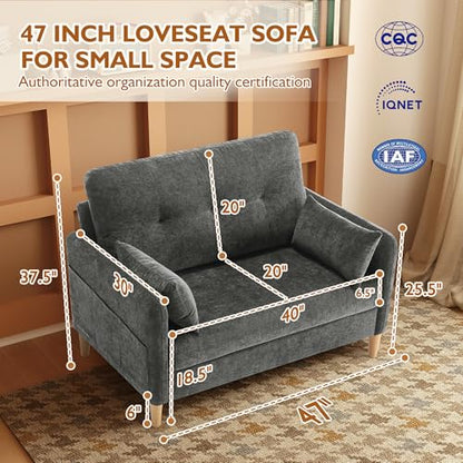 Urhanherry 47" Small Sofa Couch for Bedroom, Soft Chenille loveseat Mini Couch with Throw Pillow and Removable Cushion Cover for Small Spaces, Living Room, Apartment, Dorm, Office(Dark Grey) - color: Dark Grey