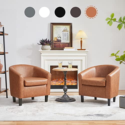 Yaheetech Accent Chairs Set of 2, Faux Leather Barrel Armchairs Brown | Water-resistant Faux Leather Chairs with High-density Foam and Solid Wood Legs for Living Room, Waiting Room, Small Space - color: Brown(faux Leather), style: without Ottoman