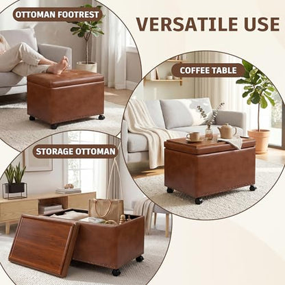 Homebeez Faux Leather Storage Ottoman with Wheels and Reversible Tray Top, 22” Tufted Rectangular Coffee Table with Hidden Storage, Nailhead Rolling Footrest for Living Room & Bedroom, Caramel Brown - color: Caramel Brown With Wheels