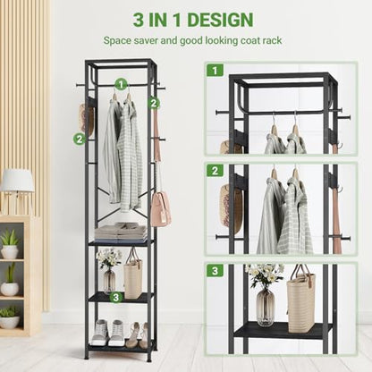 ELYKEN Coat Rack Freestanding, Hall Tree with 3 Shelves and 12 Hooks, Black | Industrial Metal Frame, Space-Saving Design, Clothes Rack Stand Organizer for Bedroom, Hallway, Entryway, Office, Living Room - color: Black