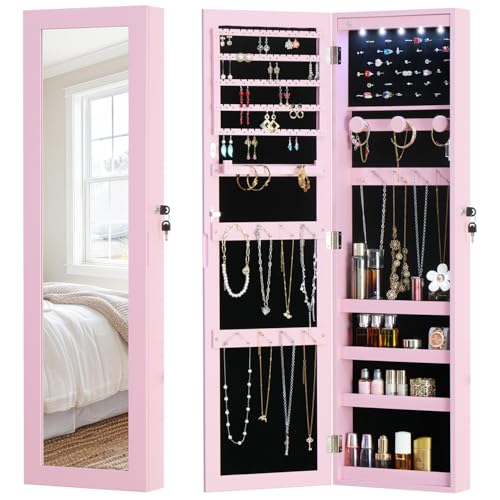 Full Length Mirror Jewelry Cabinet Organizer Lockable Door Wall-Mounted Jewelry Armoire with Shelves and Behind the Door Storage Pink - color: Pink, size: 43.3*12.4 Standard Mirror