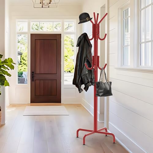 Simple Houseware Standing Coat/Hat Hanger Organizer Rack, 12 Hooks, Red | For Entryway, Bedroom, and Hallway - color: Red