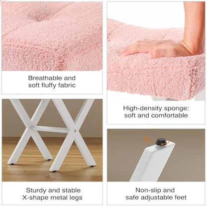 18-Inch Vanity Stool Chair, Pink Padded Saddle Makeup Stool | Teddy Flannel Vanity Bench, Metal X-Leg, 300 LBS, 16.3"x12.4"x18", Ottoman Accent Stool, Breathable Soft Saddle Seat - size: Small, style: Pink Fabric