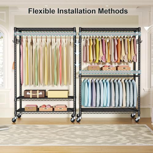 P1 Plus Rolling Clothes Rack, Heavy Duty Portable Closet Wardrobe | Freestanding Garment Clothing Rack with Wheels and Double Rods, 45"W x 17.7"D x 80.5"H, Max Load 524lbs, Black - color: Black, size: P1 Plus
