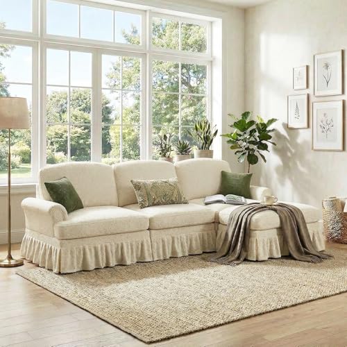 Modular Sectional Sofa Couch, Comfy Chenille Sofa with Removable Ruffled Skirt, Flared Armrests, Sturdy Legs, Convertible Sectional for Living Room, Bedroom, Apartment (Beige) - color: Beige, size: 107.1 Inch L