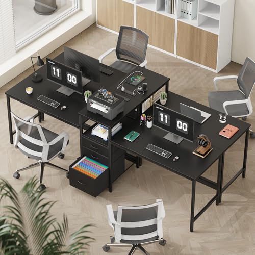 GYIIYUO 93'' Two Person Desk with Charging Station, Long Desk with 3 Drawer | Double Computer Desk with Printer Shelf, 2 Person Writing Study Table Workstation for Home Office, Black - color: Black