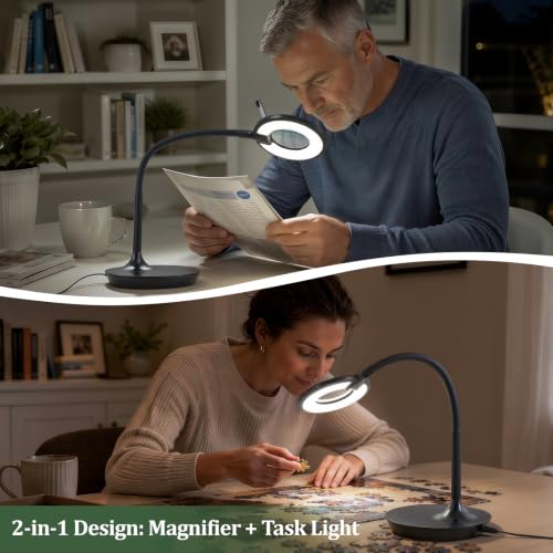 3X+6X Magnifying Glass with Light and Stand, Dimmable LED Magnifying Lamp | Flexible Gooseneck, Hands Free Magnifier, Magnification Lamp for Elderly Craft Hobby Painting Sewing Close Work,Weighted Base - color: Black