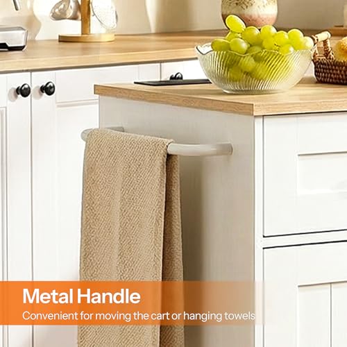 HOOBRO Kitchen Island on Wheels, Kitchen Island Cart with Power Outlet, Kitchen Storage Island with Spice Rack and Drawer, Island Table for Kitchen & Dining Room, White and Natural WN36UZD01
