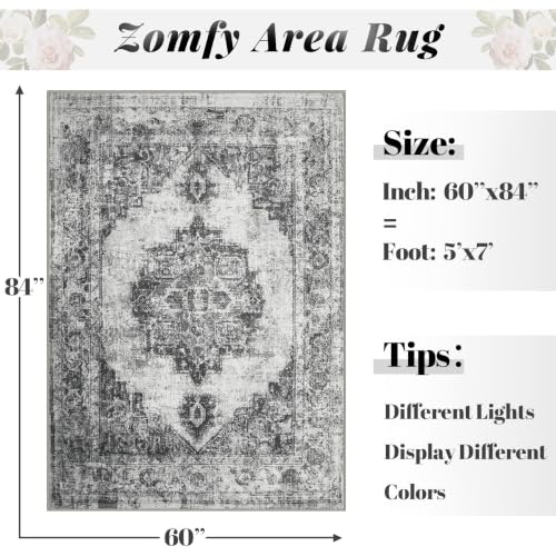 Area Rug 5x7 Vintage Rugs: Washable Indoor Medallion Rug Low Pile Distressed Floor Carpet Retro Accent Rugs for Living Room Bedroom Kitchen Dining Table Home Office(Black, 5'x7') - color: Black, size: 5' x 7' (Rectangular)